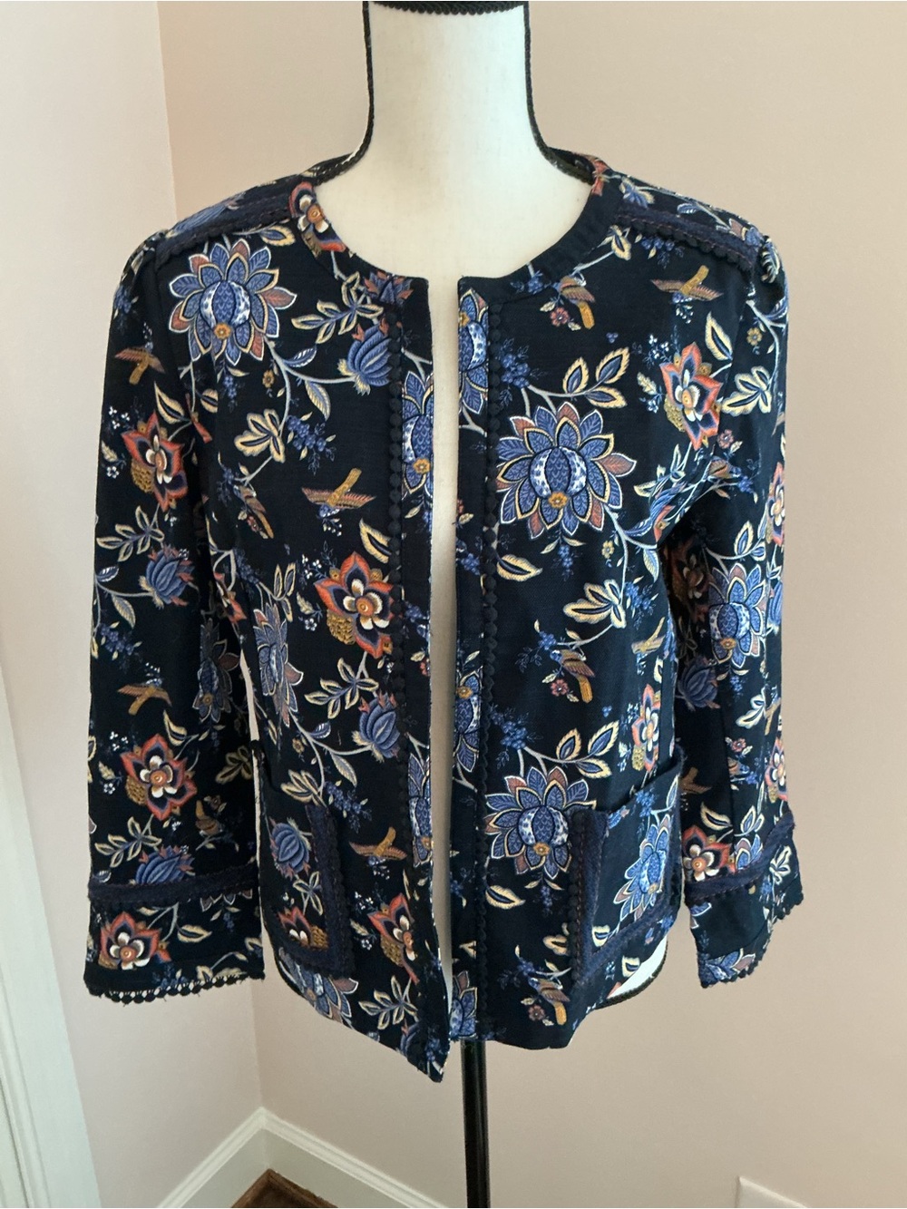 LOFT Navy Floral Open-Front Blazer